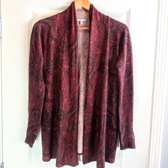 Neiman Marcus Burgundy Red Paisley Print Cashmere Cardigan - Picture 1 of 6